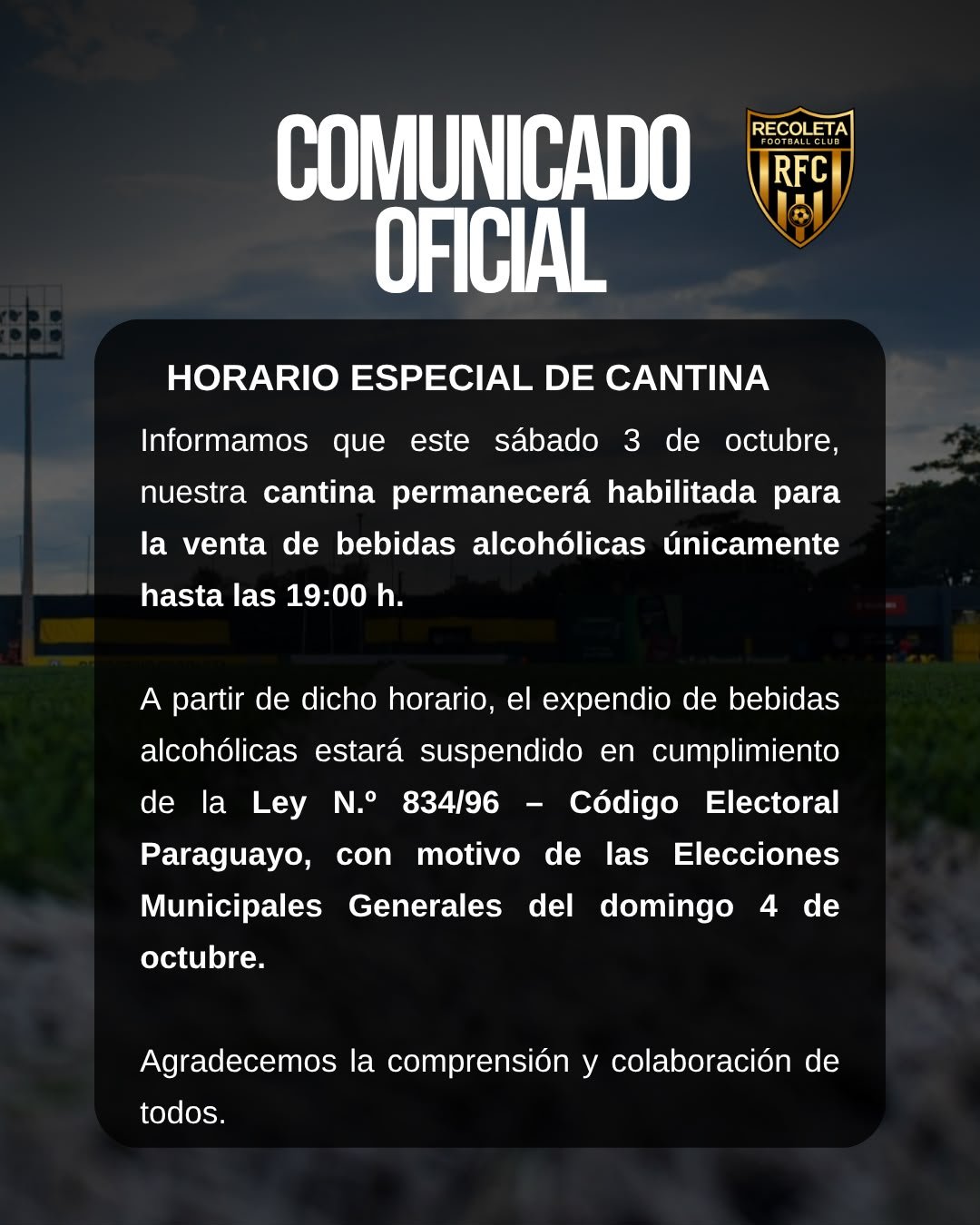 Comunicado importante: horario de venta de bebidas alcohólicas